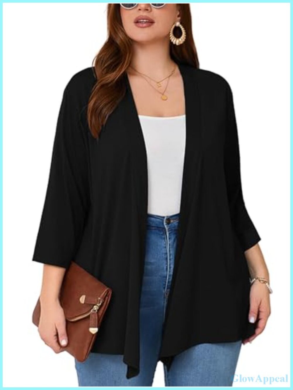 Plus Size Open Front Cardigan 3/4 Sleeve Lightweight 95% Polyester 5% Spandex